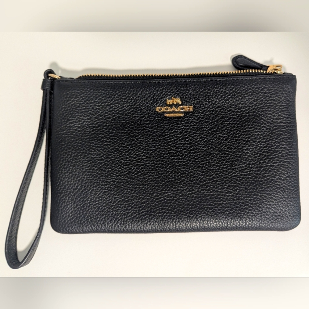 Coach Black Leather Wristlet with Gold Hardware